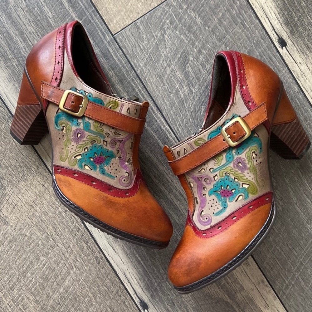 L'Artiste Miso Ankle Booties Hand Painted Camel/Multi Leather
